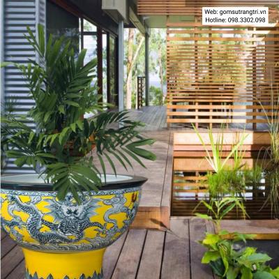 thống vẽ tay khắc nổi rồng vờn mây, hàng thủ công cao cấp